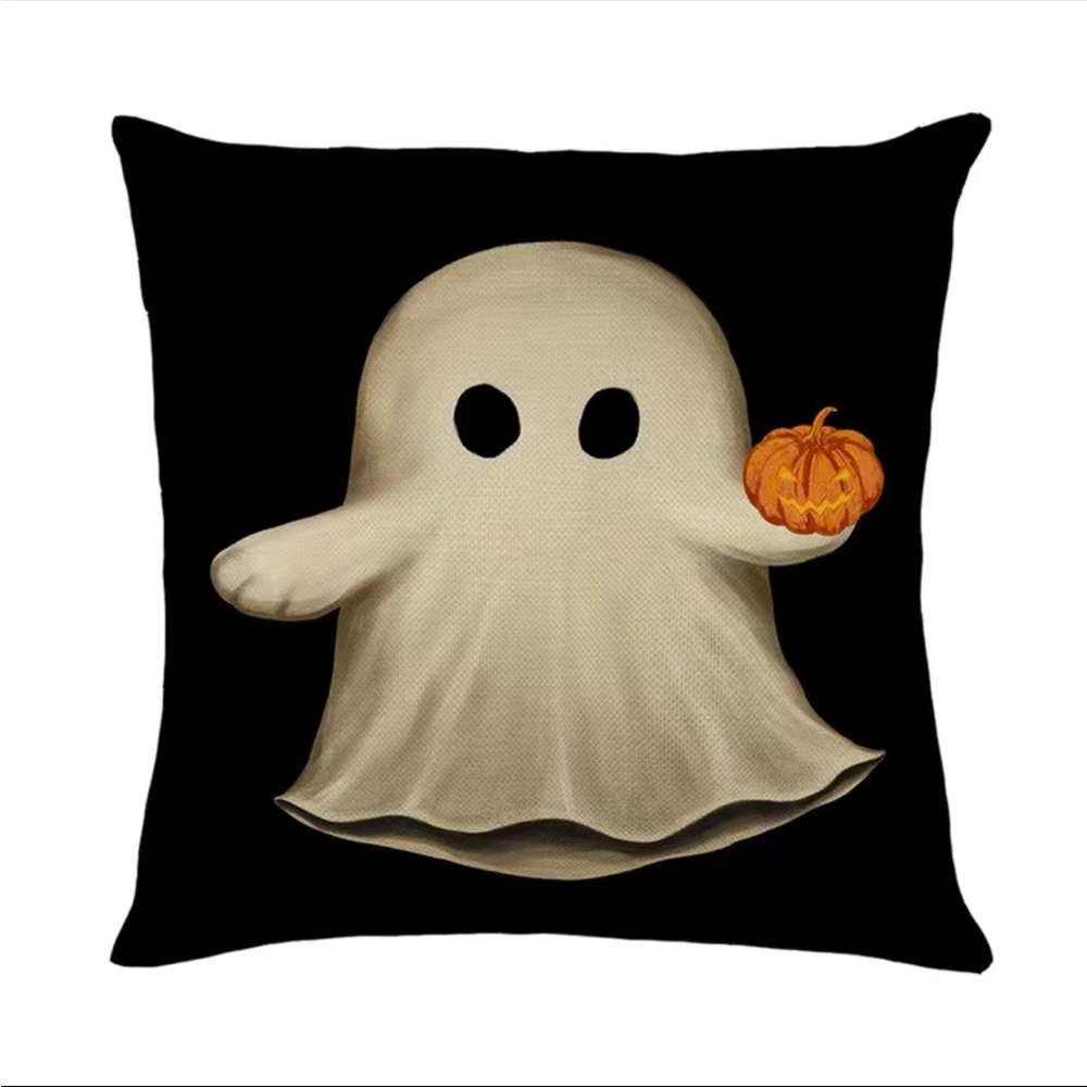 1pc Little Ghost Print Throw Pillow Case, Black Cushion Cover For Sofa, 100% Pol